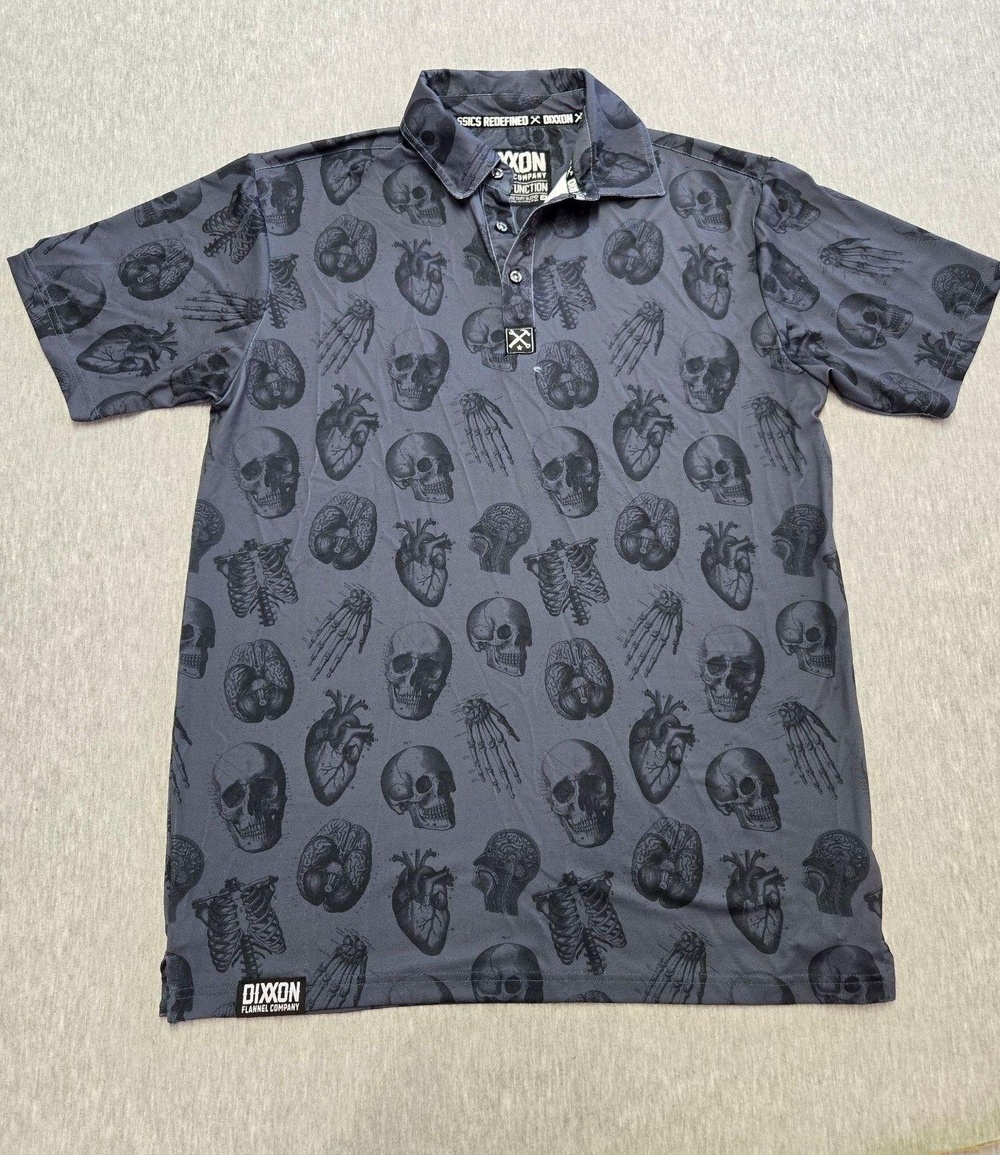 Dixxon Polo Shirt Mens Medium Gray Skull Print Jersey Casual